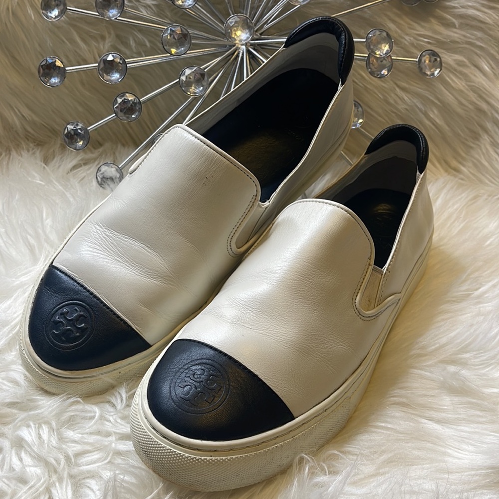 White Leather Slip-On Sneakers with Black Toe Cap